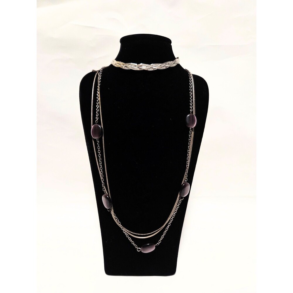 Silver Tone Multi-Strand Purple Bead Necklace & Twisted Bracelet Set